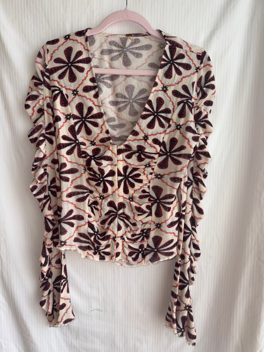 Free People Cream Floral V-Neck Ruffle Sleeve Blouse